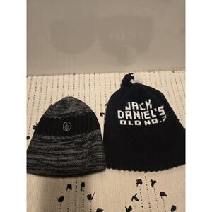 Lot of 2 Jack Daniels Old No. 7 and Volcom Beanie Hat Cap Pom Pom Black White